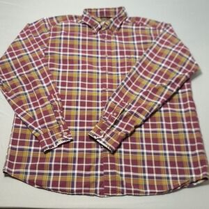 Eddie Bauer Men's XL Tall Plaid Button Up Shirt Burgundy Green Cotton Workwear